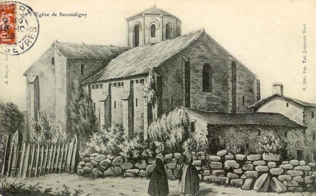 Dessin de l'église Sainte-Eulalie de Secondigny, par A. Baugier - Agrandir l'image (fenêtre modale)
